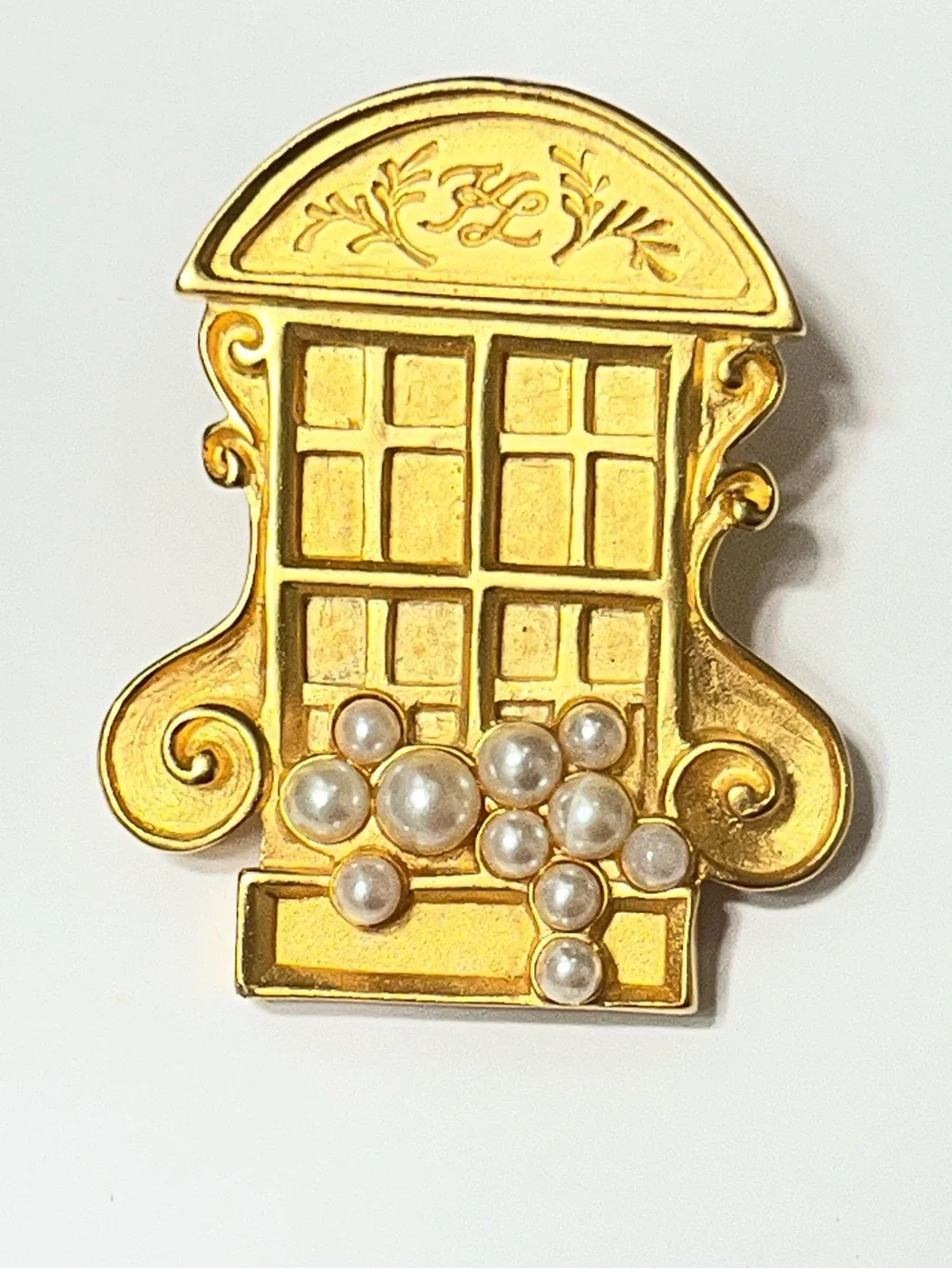 Karl Lagerfeld Matte Gold-tone French window KL Brooch with Faux Pearls